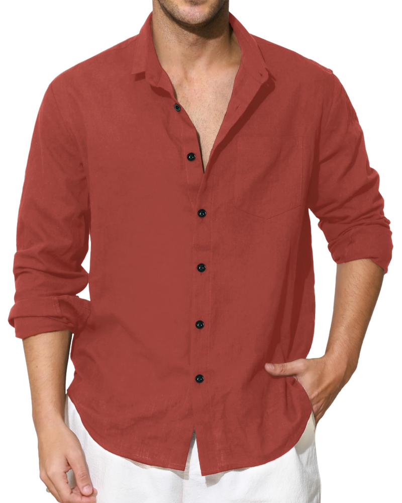 Benson Men's Cotton Linen Shirt – Long Sleeve Button-Up Casual Shirt with Chest Pocket
