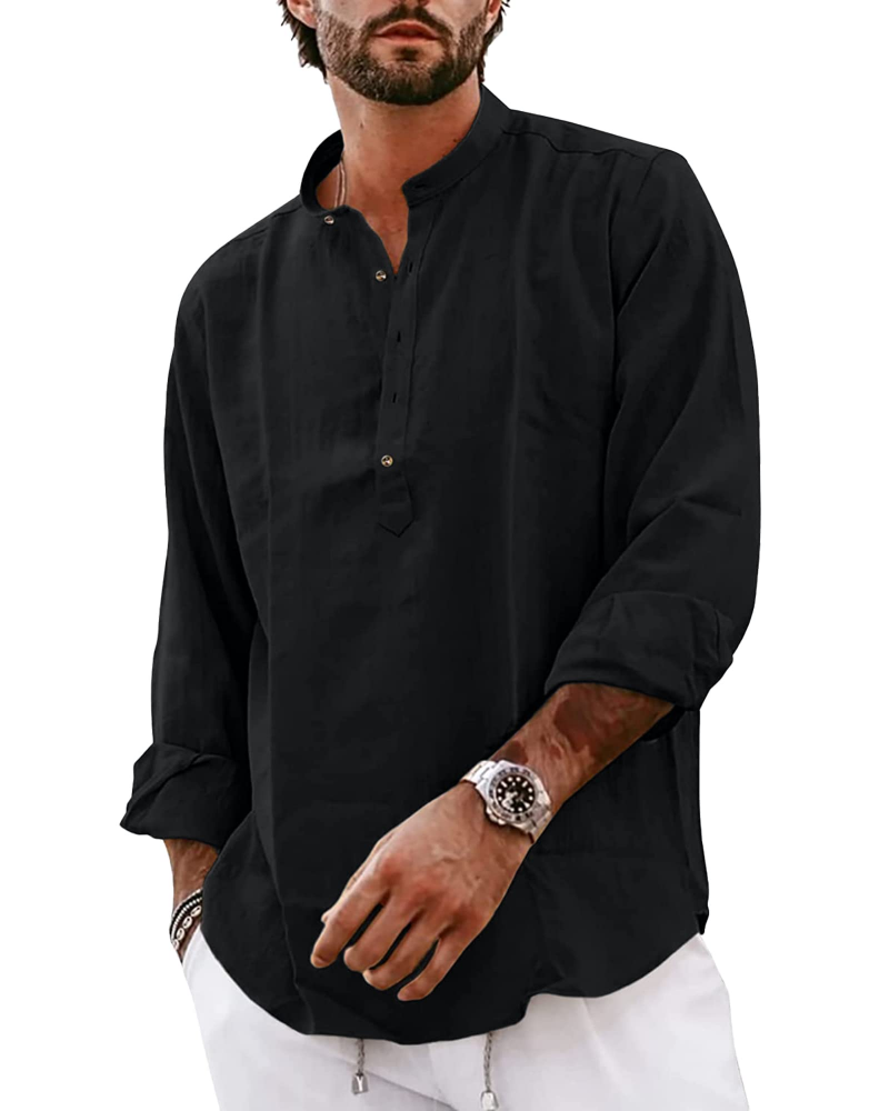 Tristan Men's Cotton Linen Henley Shirt – Long Sleeve 4-Button Casual Collarless Top