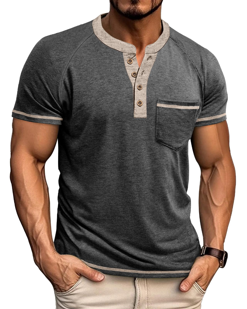 Chase Men's Grandad Collar T-Shirt – Colour Block Henley Short Sleeve Pocket Top