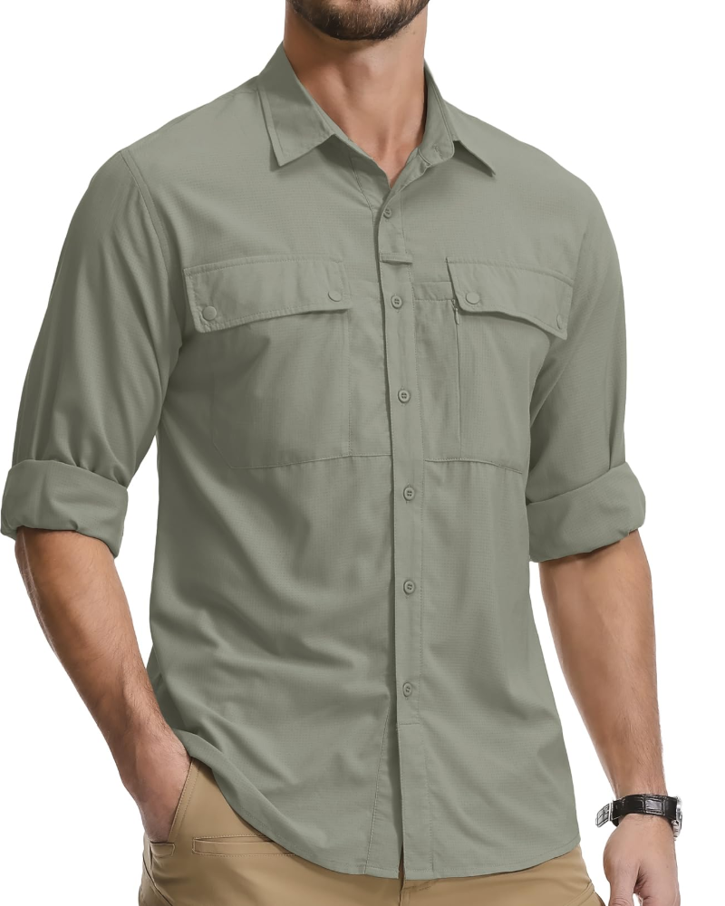 Preston Men's UPF50+ Safari Shirt – Quick-Dry Long Sleeve Hiking Shirt with Pockets