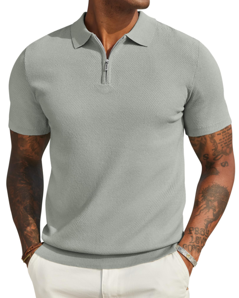 Spencer Men's Knitted Polo Shirt – Short Sleeve Quarter Zip Collared Knit Top