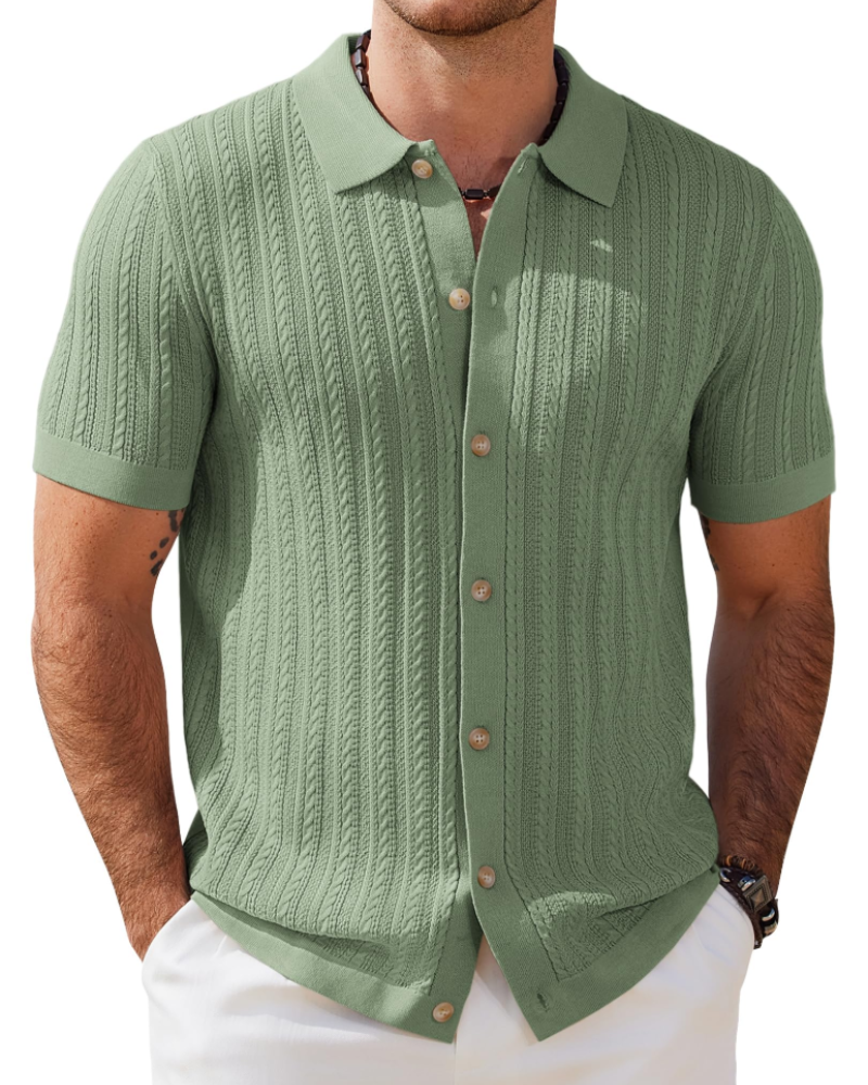 Gordon Men's Cable Knit Polo Shirt – Short Sleeve Button Front Knit Top
