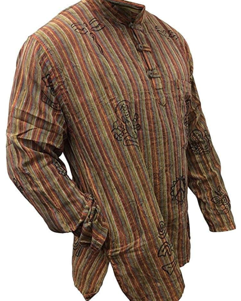 Travis Men's Cotton Grandad Shirt – Long Sleeve Tribal Print Band Collar Casual Shirt