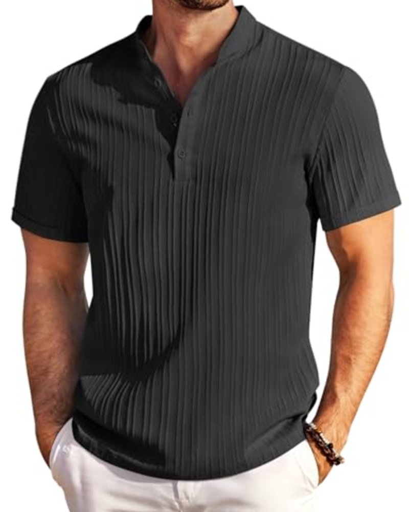 Nathan Men's Textured Henley T-Shirt – Striped Short Sleeve Button Neck Casual Top