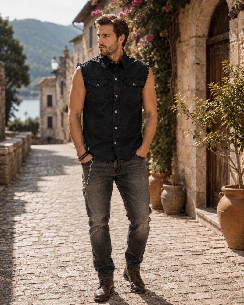Gage Men's Sleeveless Denim Shirt – Cotton Button-Up Vest with Chest Pockets