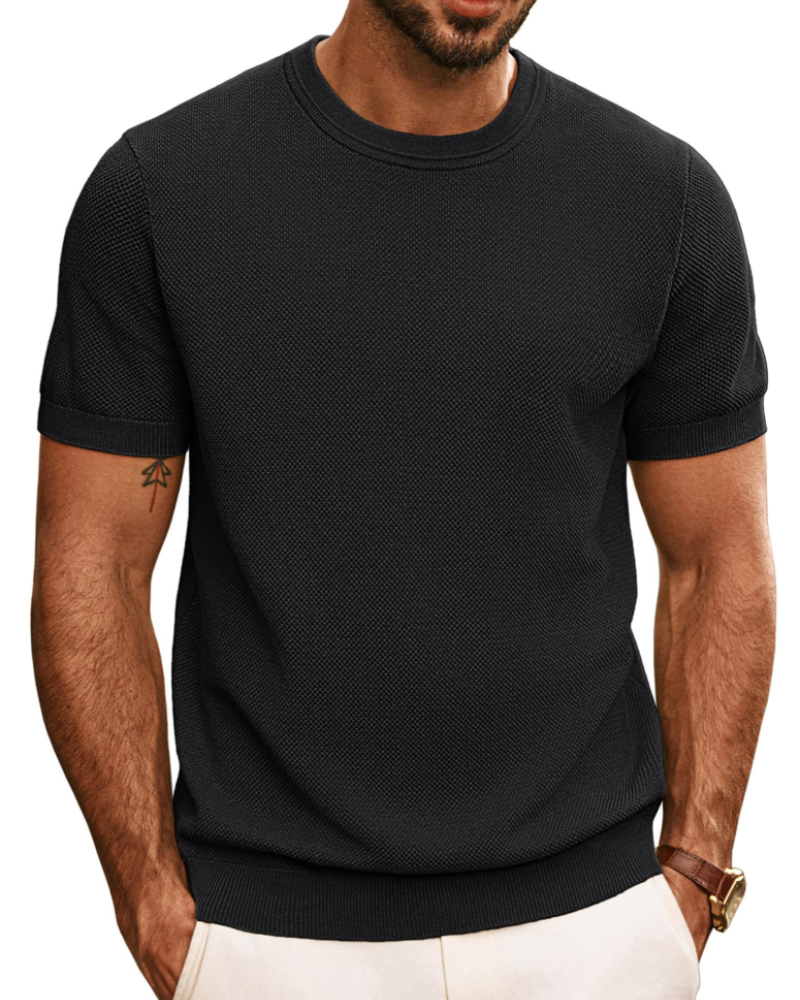 Ellison Men's Knitted T-Shirt – Textured Short Sleeve Crew Neck Knit Top