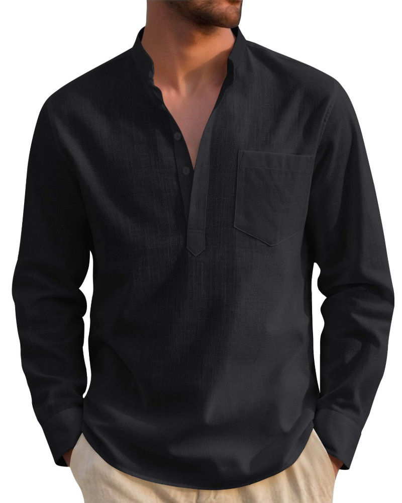 Declanson Men's Cotton Linen Henley Shirt – Long Sleeve Grandad Collar Button-Up Shirt