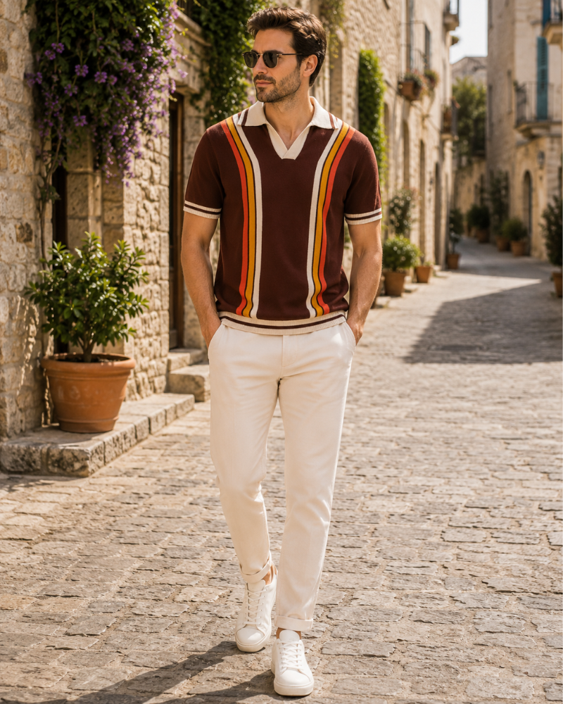 Miles Men's Knitted Polo Shirt – 100% Cotton Vintage Cable Knit Short Sleeve Polo