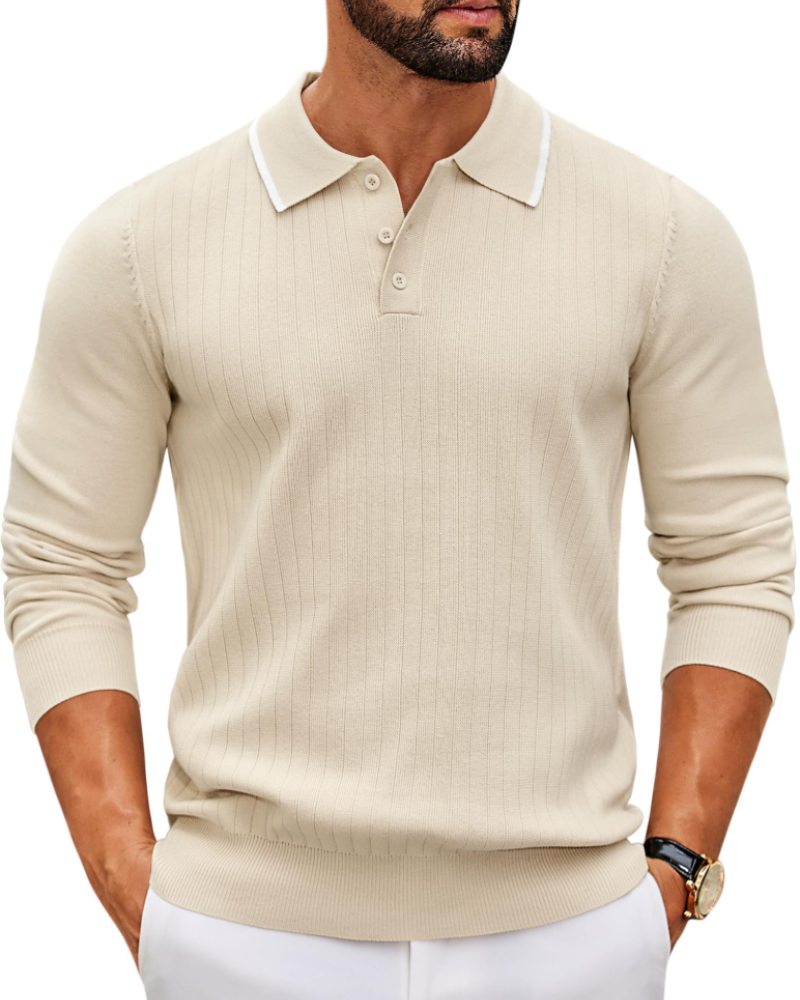 Rylan Men's Polo Neck Jumper – Long Sleeve Textured Knit Quarter Button Sweater