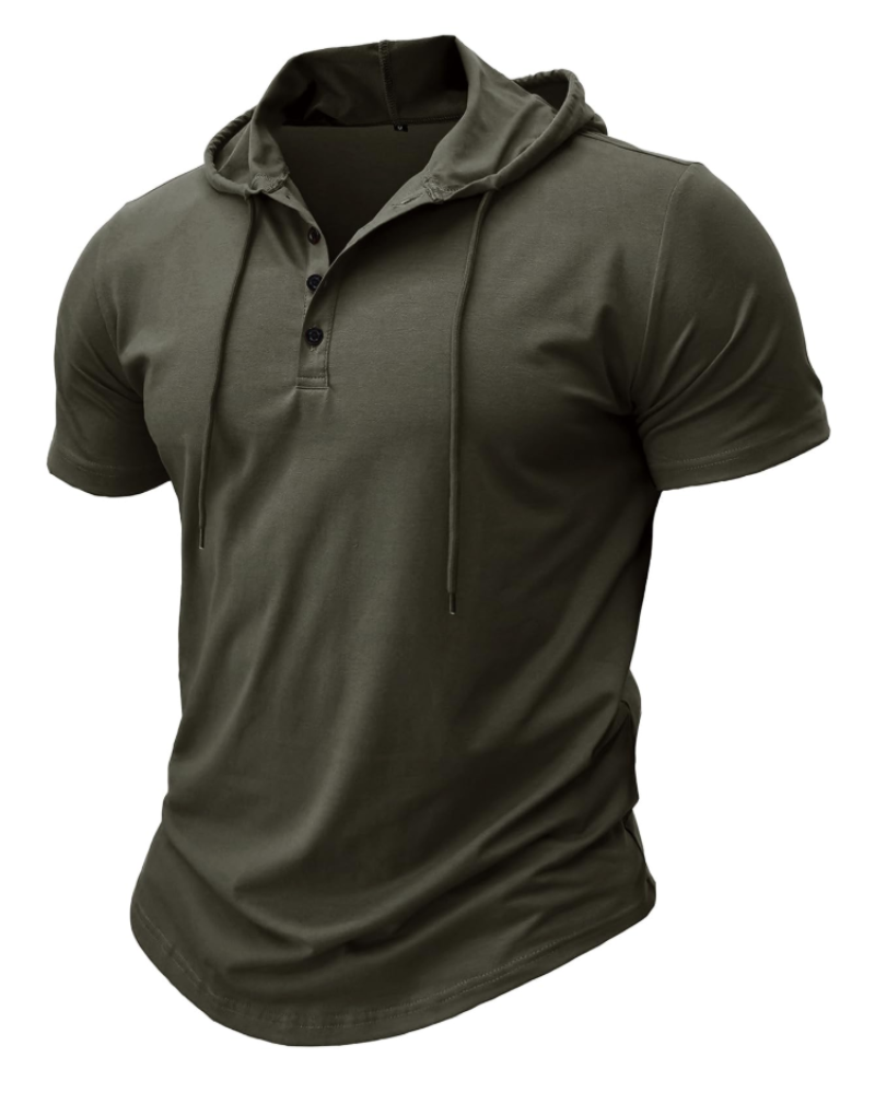 Dawson Men's Short Sleeve Hooded T-Shirt – Cotton Blend Button Neck Casual Hoodie