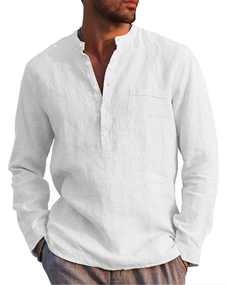 Colby Men's Linen Blend Henley Shirt – 5-Button Collarless Long Sleeve Casual Top