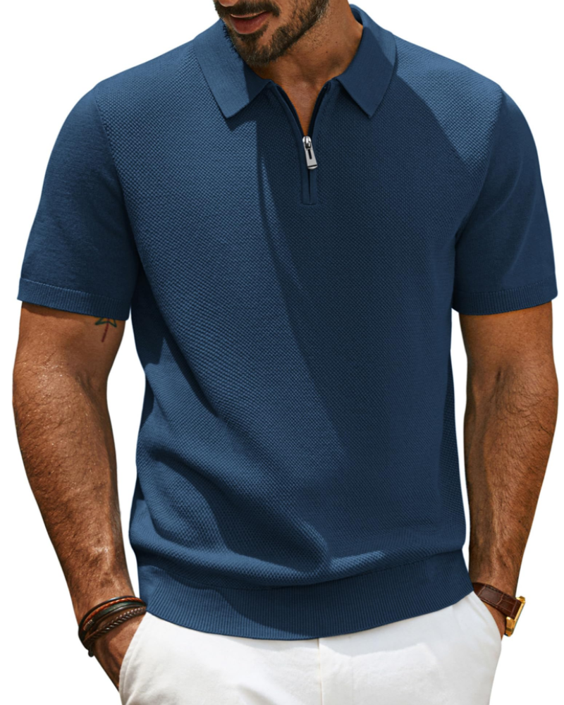 Brody Men's Knitted Polo Shirt – Short Sleeve Zip Neck Textured Knit Top