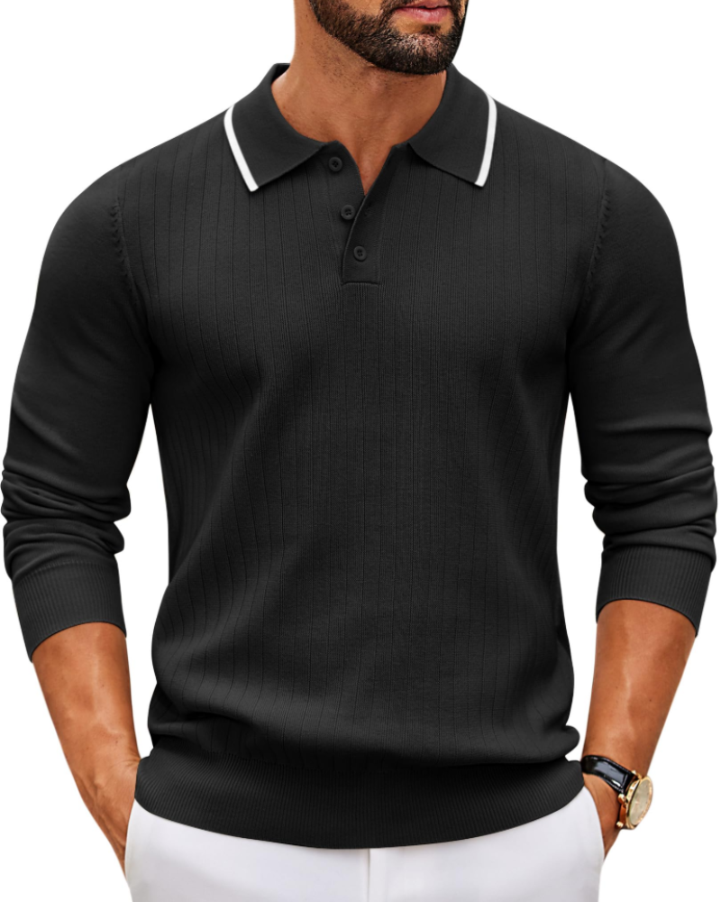 Rylan Men's Polo Neck Jumper – Long Sleeve Textured Knit Quarter Button Sweater