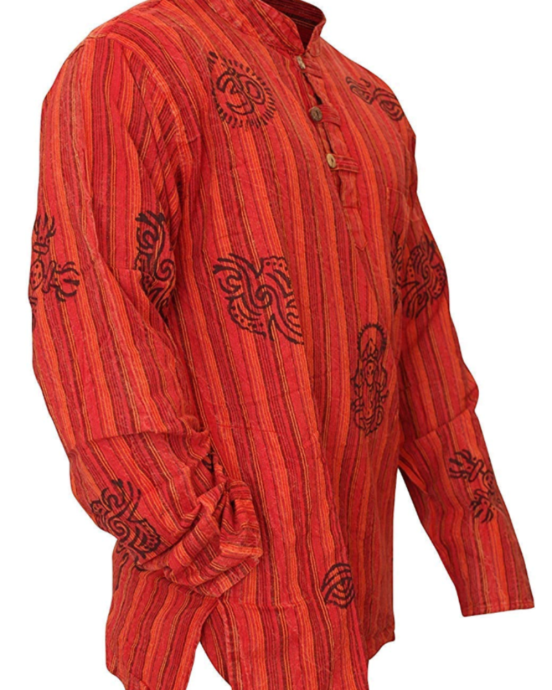 Travis Men's Cotton Grandad Shirt – Long Sleeve Tribal Print Band Collar Casual Shirt