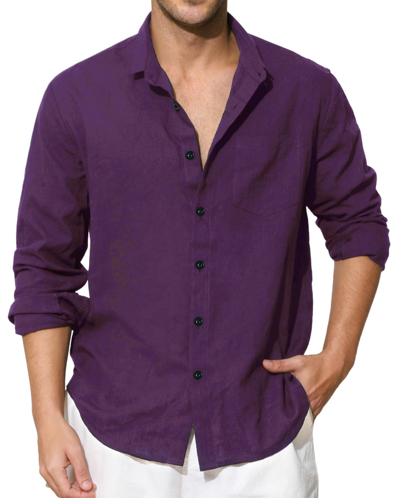 Benson Men's Cotton Linen Shirt – Long Sleeve Button-Up Casual Shirt with Chest Pocket