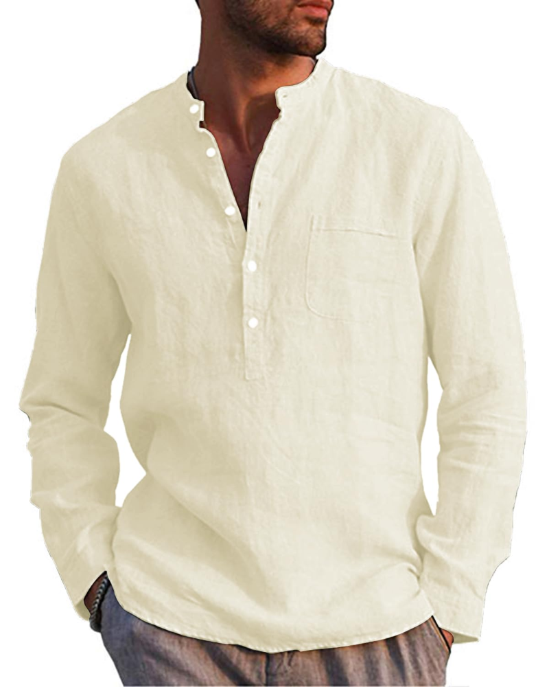 Colby Men's Linen Blend Henley Shirt – 5-Button Collarless Long Sleeve Casual Top