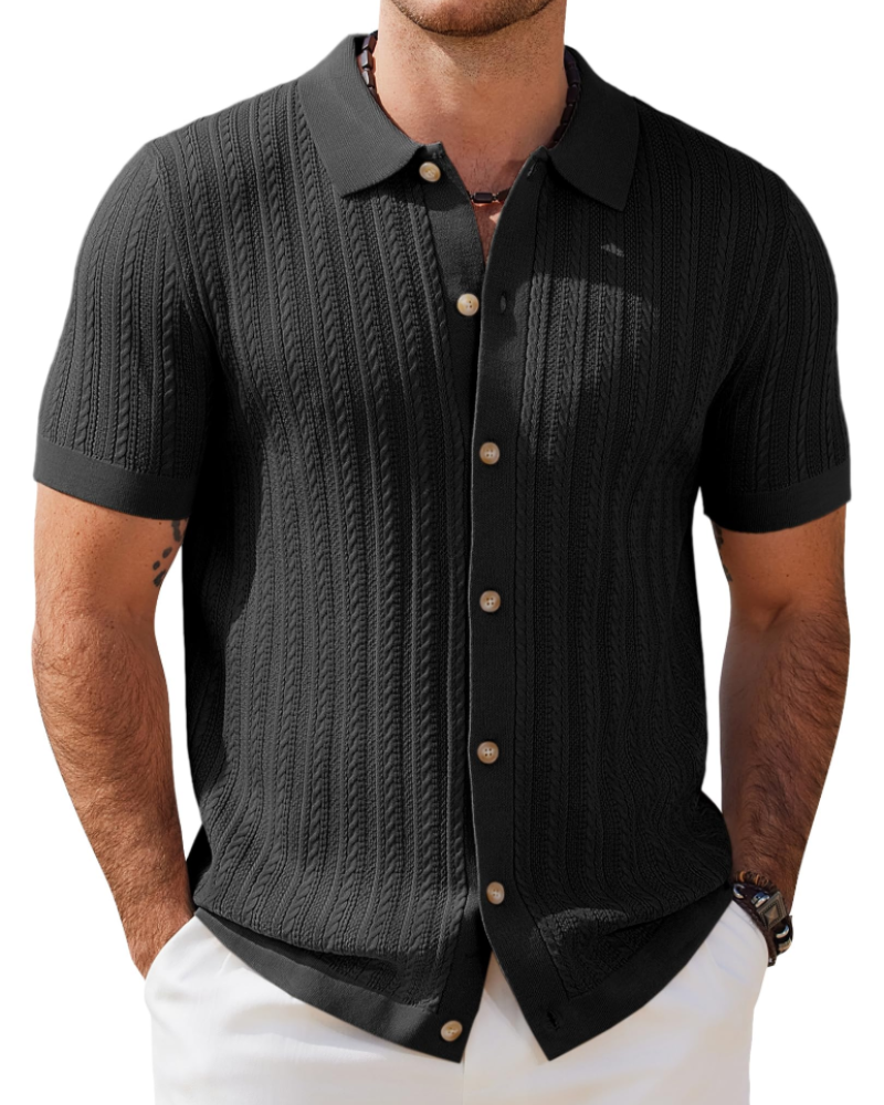 Colton Men's Knitted Polo Shirt – Cable Knit Short Sleeve Full Button Collared Top