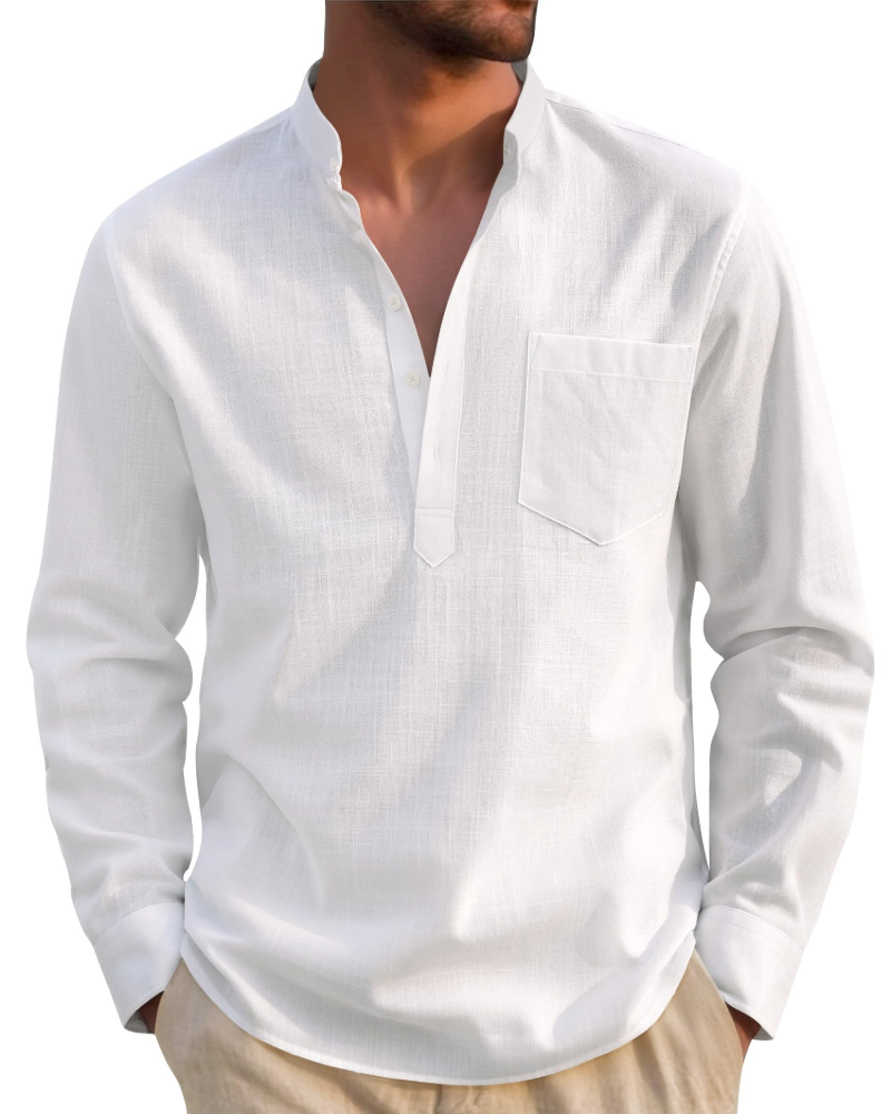 Declanson Men's Cotton Linen Henley Shirt – Long Sleeve Grandad Collar Button-Up Shirt