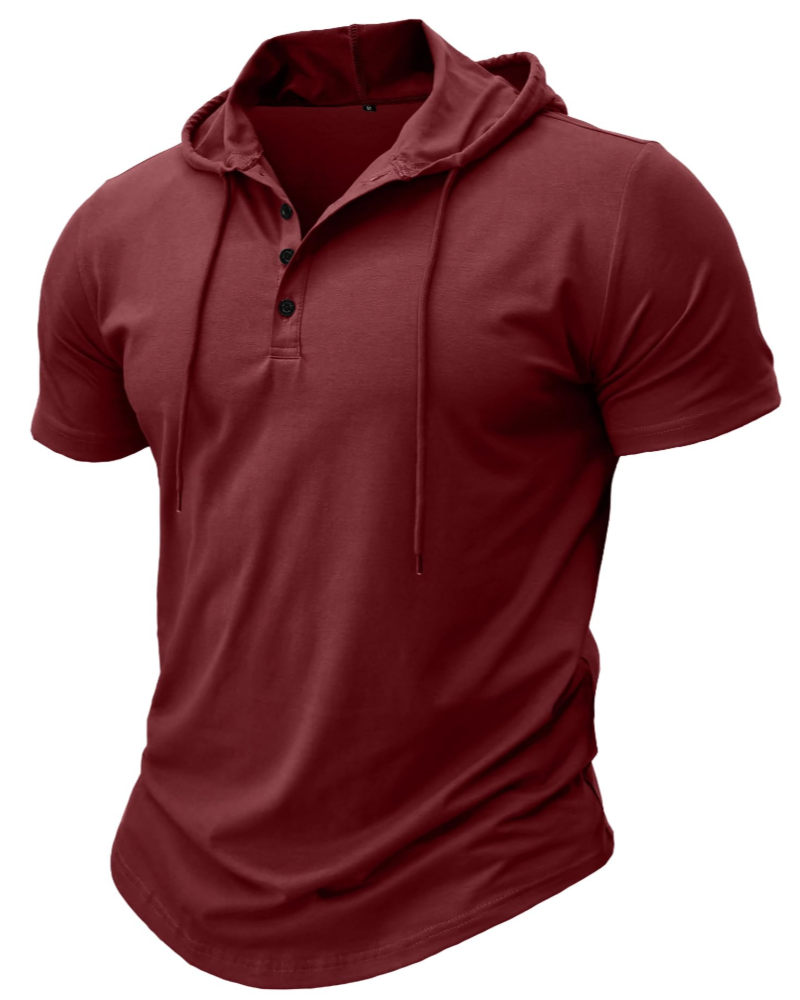 Dawson Men's Short Sleeve Hooded T-Shirt – Cotton Blend Button Neck Casual Hoodie