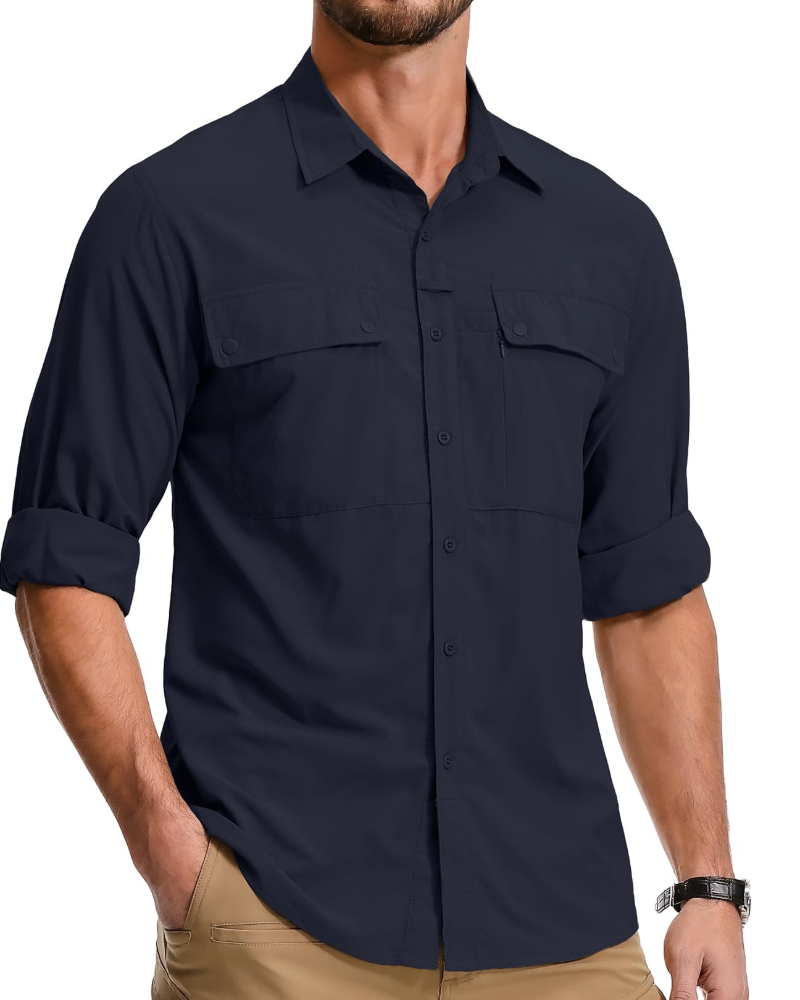 Preston Men's UPF50+ Safari Shirt – Quick-Dry Long Sleeve Hiking Shirt with Pockets