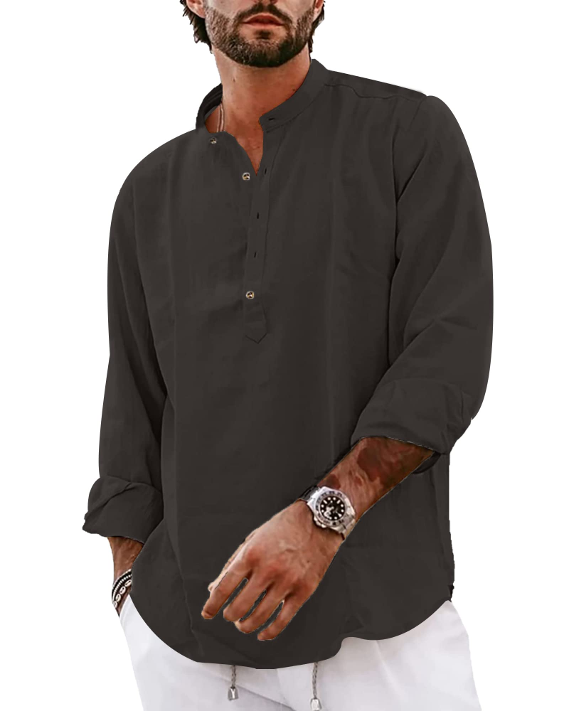 Tristan Men's Cotton Linen Henley Shirt – Long Sleeve 4-Button Casual Collarless Top