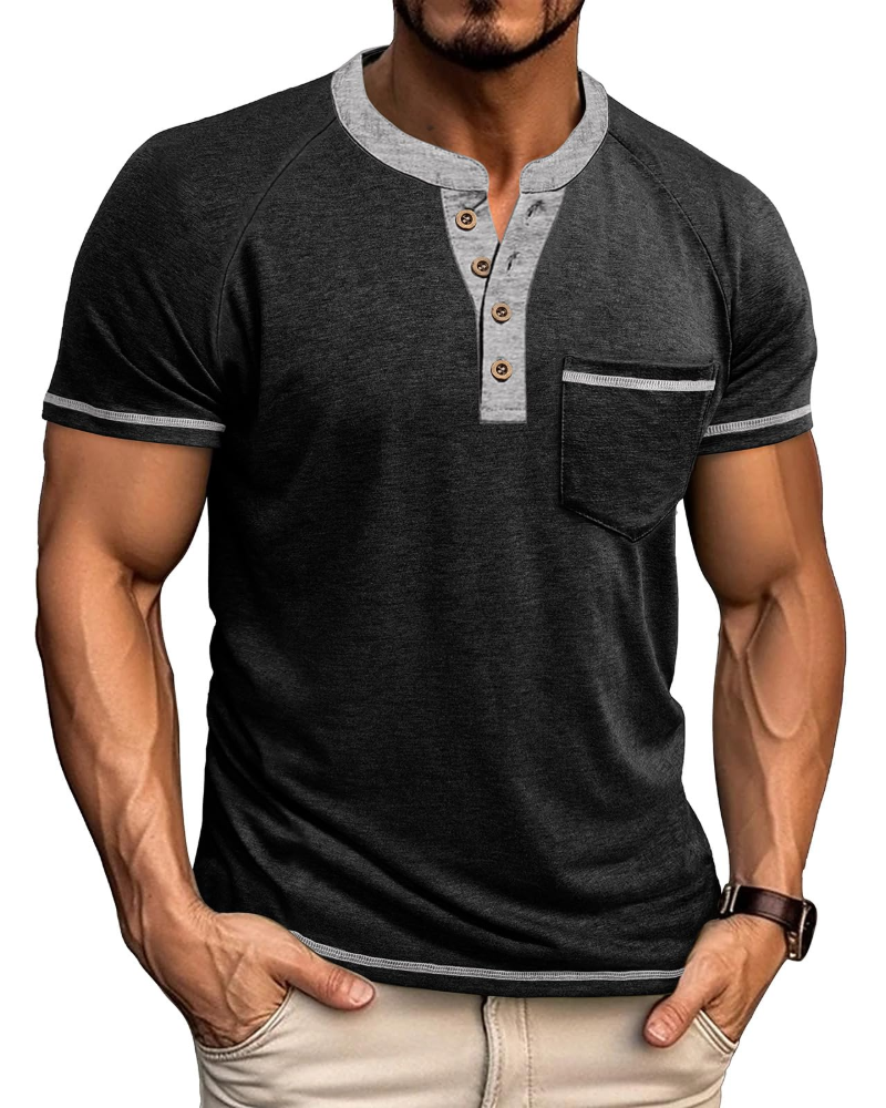 Chase Men's Grandad Collar T-Shirt – Colour Block Henley Short Sleeve Pocket Top