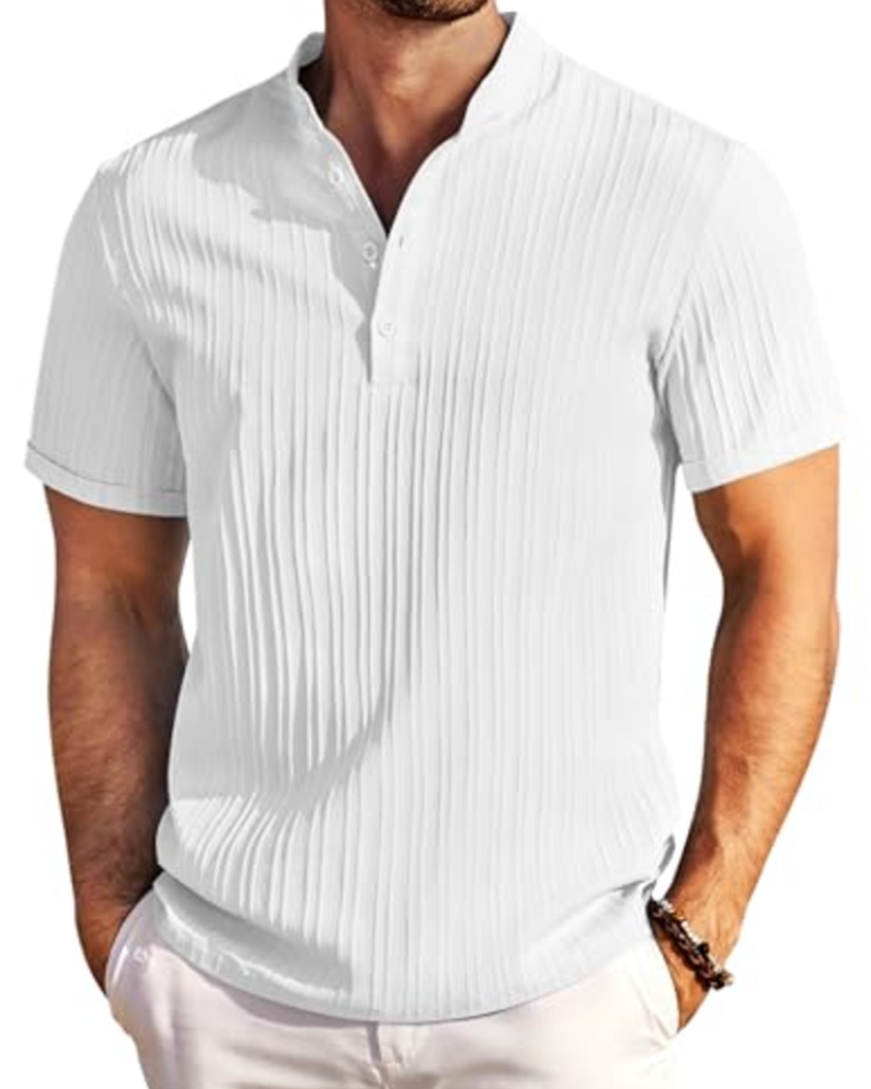 Nathan Men's Textured Henley T-Shirt – Striped Short Sleeve Button Neck Casual Top
