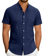 Keegan Men's Cotton Linen Shirt – Short Sleeve Grandad Collar Button-Up Shirt