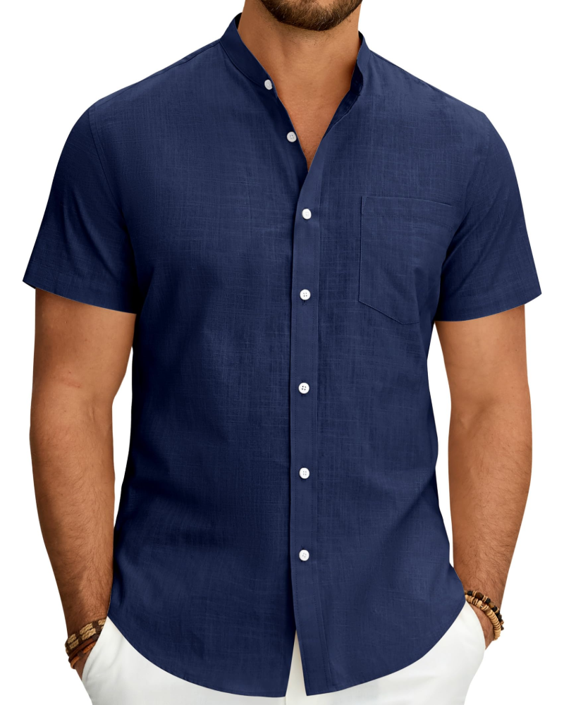 Keegan Men's Cotton Linen Shirt – Short Sleeve Grandad Collar Button-Up Shirt
