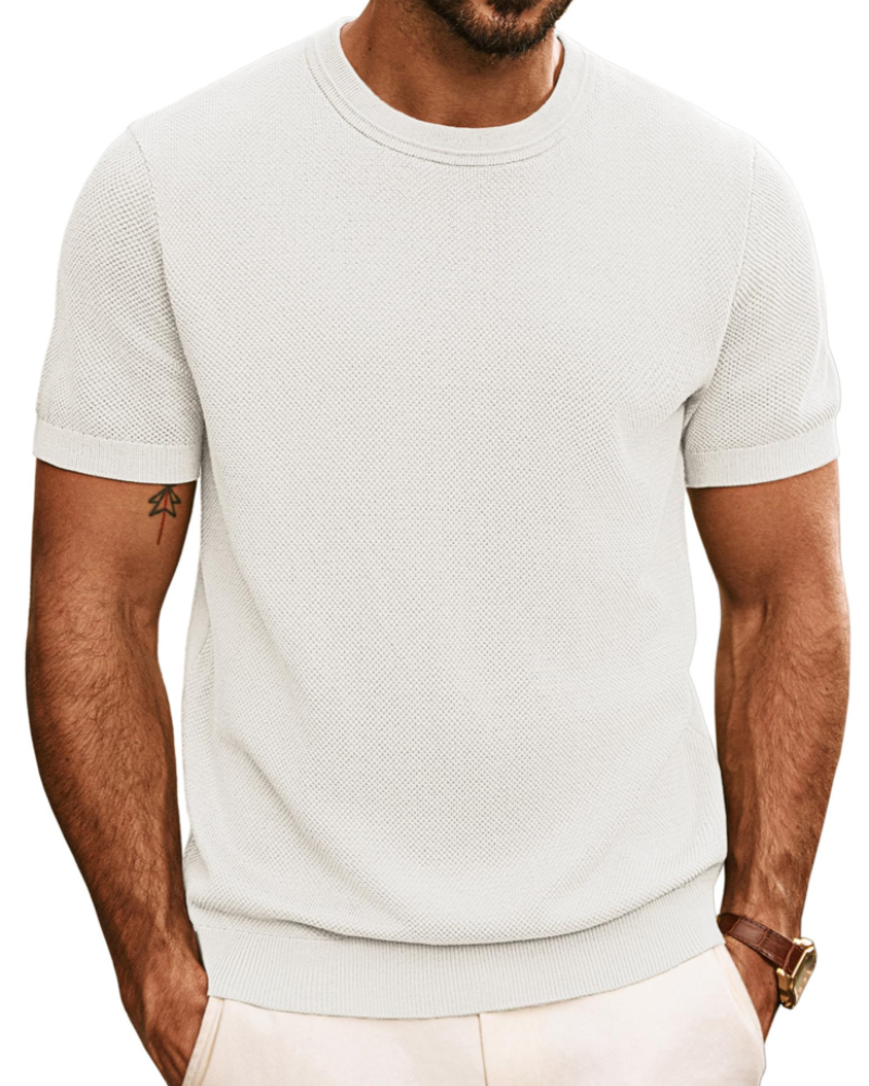 Ellison Men's Knitted T-Shirt – Textured Short Sleeve Crew Neck Knit Top
