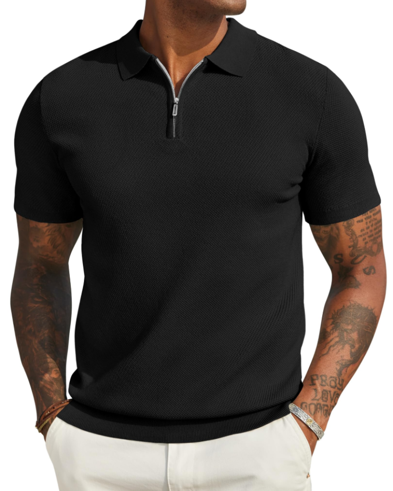 Spencer Men's Knitted Polo Shirt – Short Sleeve Quarter Zip Collared Knit Top