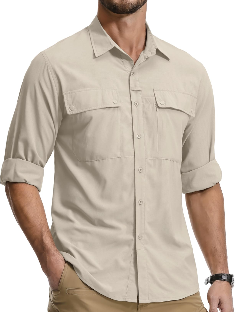 Preston Men's UPF50+ Safari Shirt – Quick-Dry Long Sleeve Hiking Shirt with Pockets