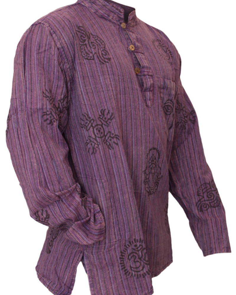 Travis Men's Cotton Grandad Shirt – Long Sleeve Tribal Print Band Collar Casual Shirt