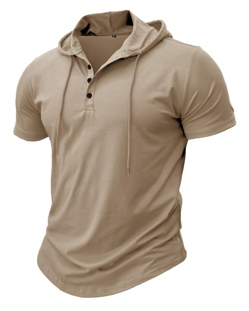 Dawson Men's Short Sleeve Hooded T-Shirt – Cotton Blend Button Neck Casual Hoodie