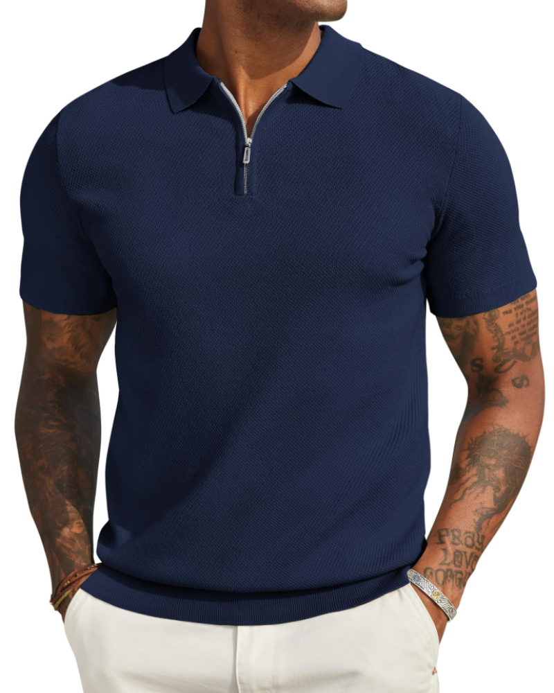 Spencer Men's Knitted Polo Shirt – Short Sleeve Quarter Zip Collared Knit Top