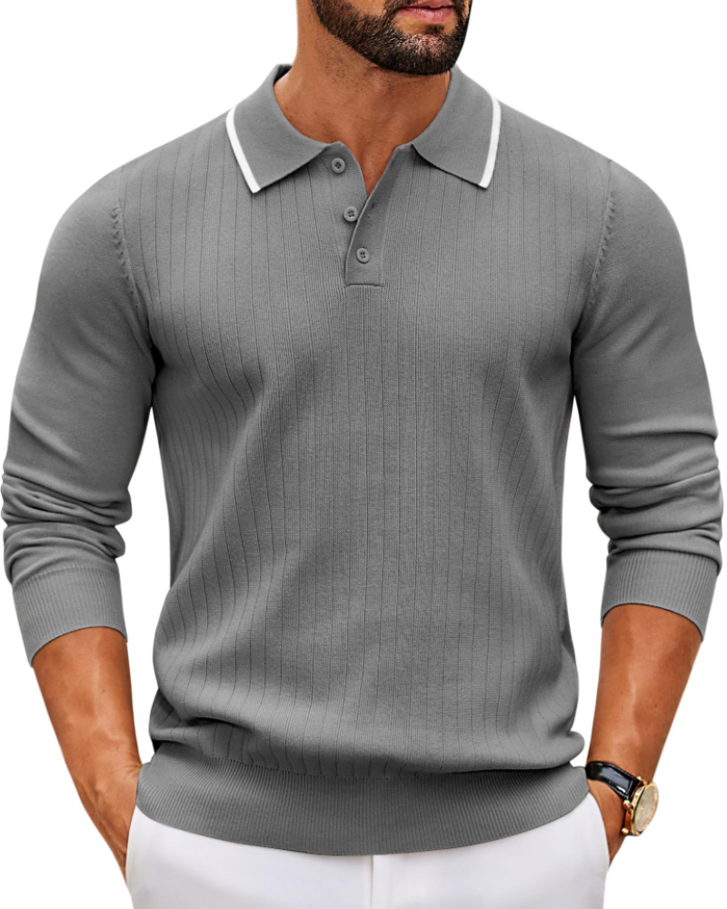 Rylan Men's Polo Neck Jumper – Long Sleeve Textured Knit Quarter Button Sweater