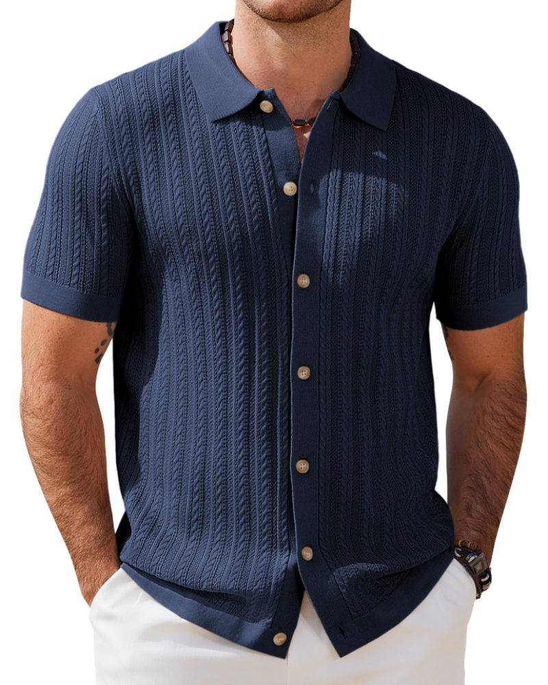 Gordon Men's Cable Knit Polo Shirt – Short Sleeve Button Front Knit Top