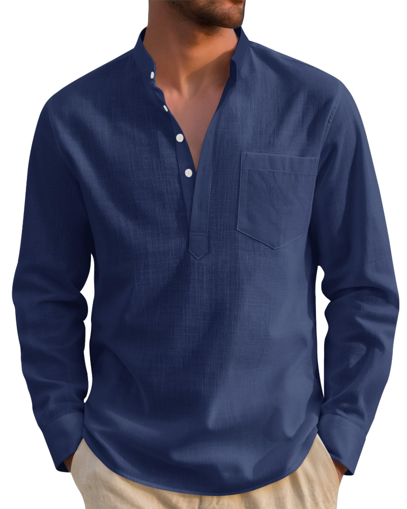 Declanson Men's Cotton Linen Henley Shirt – Long Sleeve Grandad Collar Button-Up Shirt