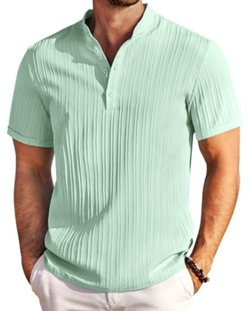 Nathan Men's Textured Henley T-Shirt – Striped Short Sleeve Button Neck Casual Top