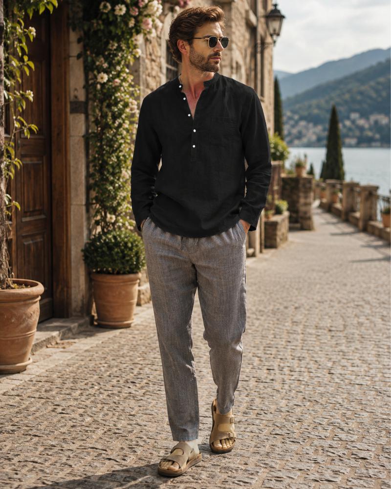 Colby Men's Linen Blend Henley Shirt – 5-Button Collarless Long Sleeve Casual Top