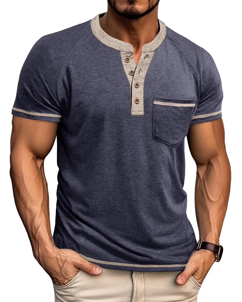 Chase Men's Grandad Collar T-Shirt – Colour Block Henley Short Sleeve Pocket Top