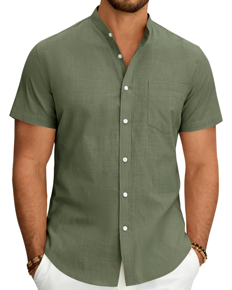 Keegan Men's Cotton Linen Shirt – Short Sleeve Grandad Collar Button-Up Shirt