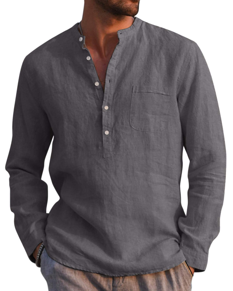 Colby Men's Linen Blend Henley Shirt – 5-Button Collarless Long Sleeve Casual Top