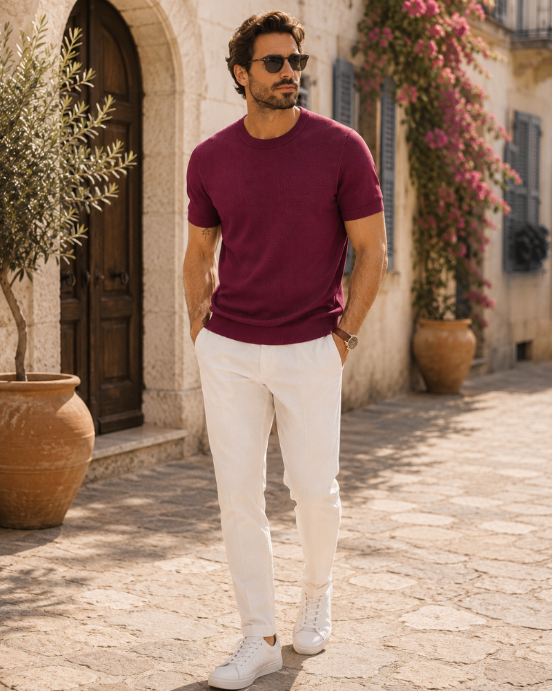 Ellison Men's Knitted T-Shirt – Textured Short Sleeve Crew Neck Knit Top