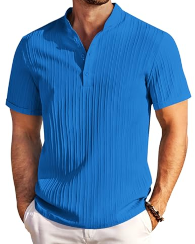 Nathan Men's Textured Henley T-Shirt – Striped Short Sleeve Button Neck Casual Top