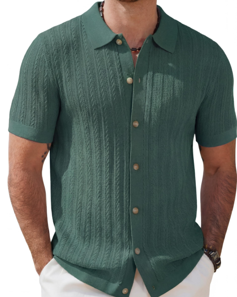 Gordon Men's Cable Knit Polo Shirt – Short Sleeve Button Front Knit Top