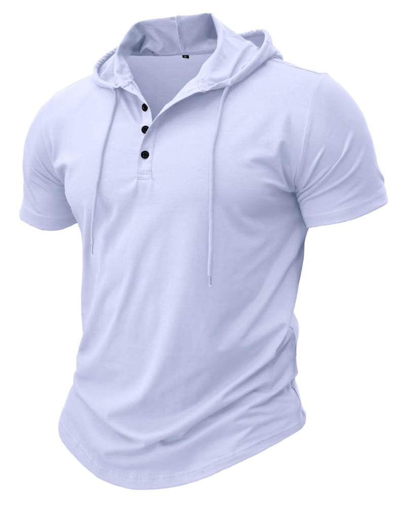 Dawson Men's Short Sleeve Hooded T-Shirt – Cotton Blend Button Neck Casual Hoodie