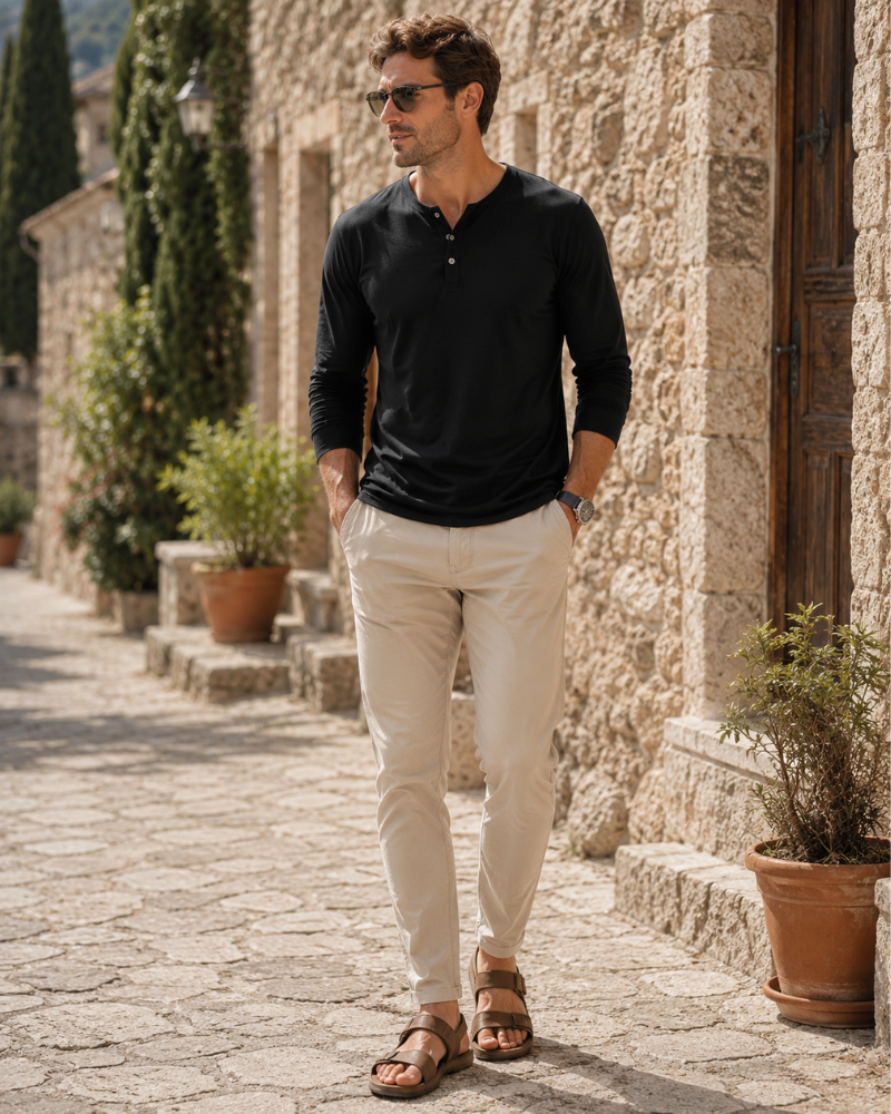 Declan Men's Cotton Henley T-Shirt – Slim Fit Button Neck Long & Short Sleeve Top