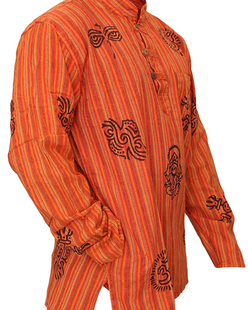 Travis Men's Cotton Grandad Shirt – Long Sleeve Tribal Print Band Collar Casual Shirt