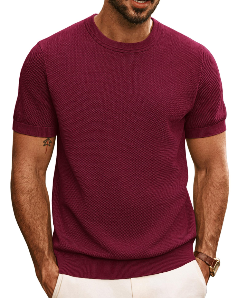 Ellison Men's Knitted T-Shirt – Textured Short Sleeve Crew Neck Knit Top